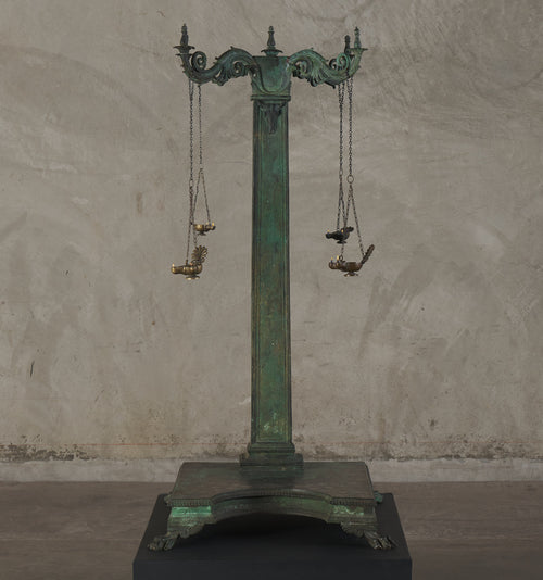 SPECTACULAR GRAND TOUR BRONZE & SILVER INLAID OIL LAMP STAND, NAPLES, 1902
